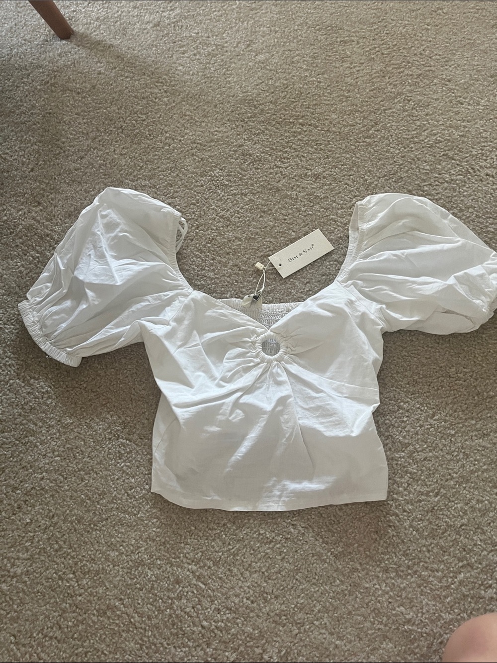White Puff Sleeve Crop Top with Ring Front Detail